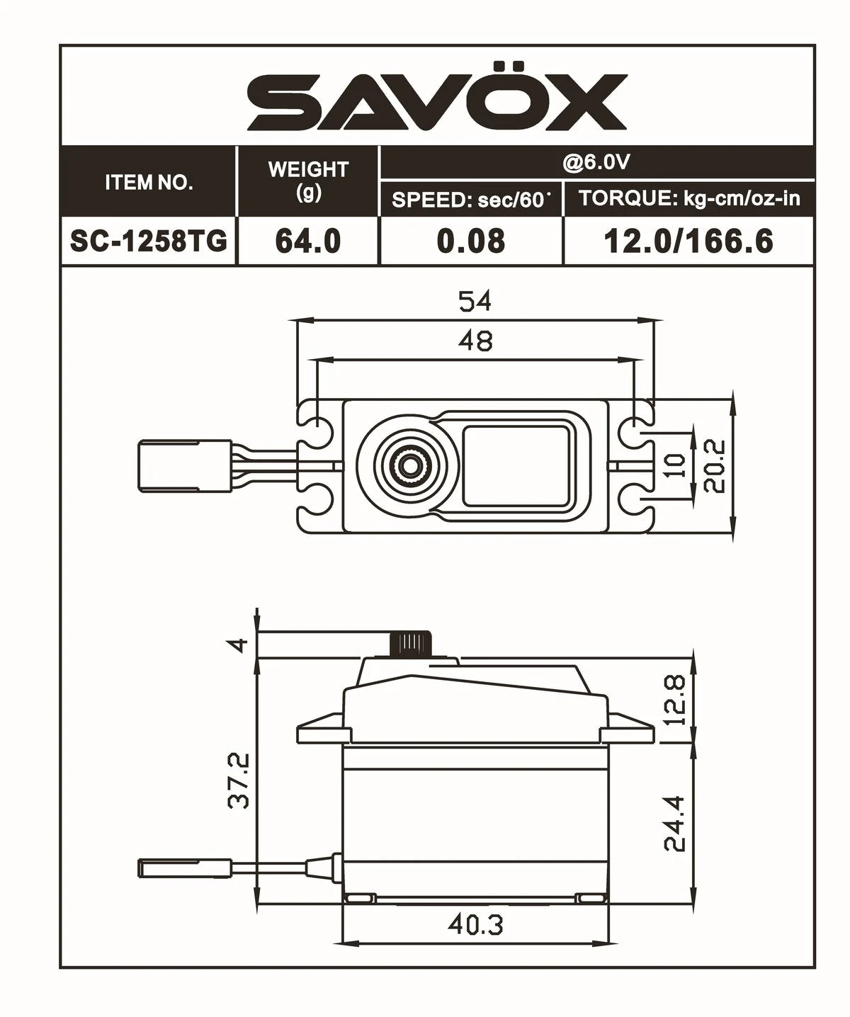 Savox SC-1258TG-BE Black Edition Standard Size Servo (0.08sec / 166oz @ 6V) 4 Savox SC-1258TG-BE Black Edition Standard Size Servo (0.08sec / 166oz @ 6V) - Image 2